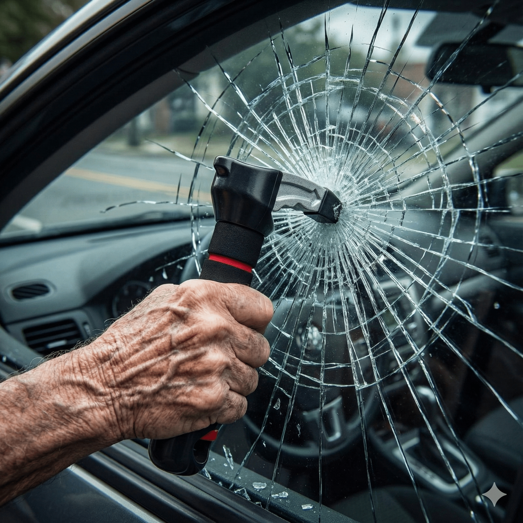 Red 3 - in - 1 Car Door Assist for Elderly with Window Breaker & Seatbelt Cutter - Assisted Exit